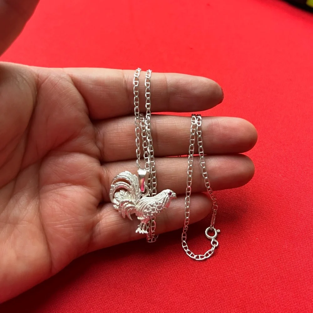 925 Sterling Silver‎ Rooster Charm Pendant Cubic zircon and chain necklace